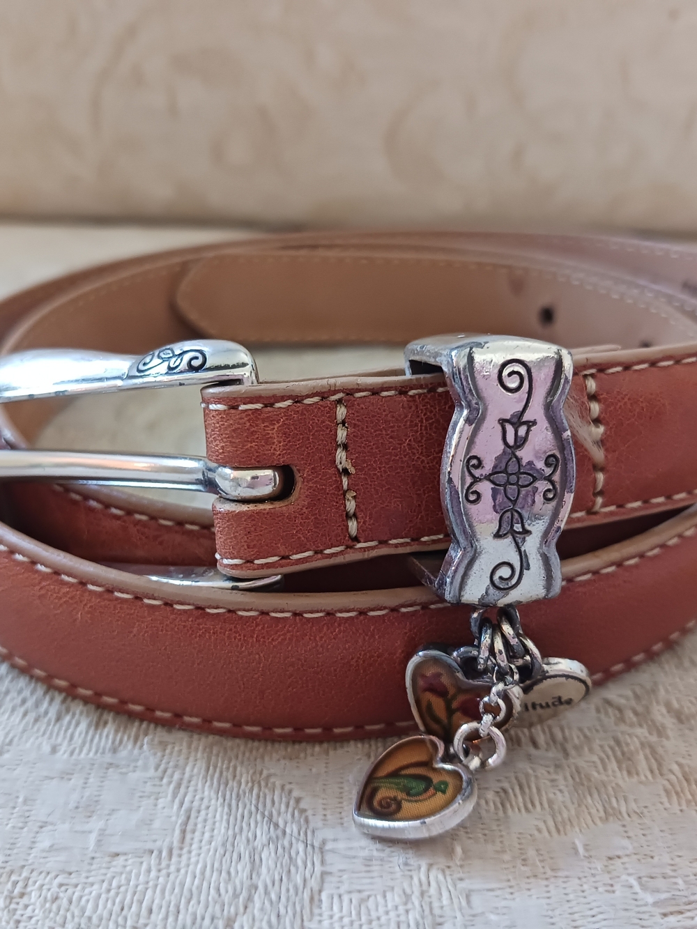 Pretty Brighton Tan Leather Belt Sz XL 36 w Heart Charms Etched Silver Buckle